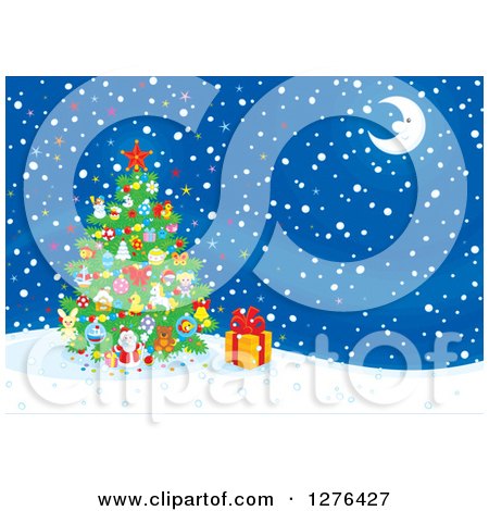 Clipart of a Christmas Tree and Gift Under a Happy Crescent Moon on a Winter Night - Royalty Free Vector Illustration by Alex Bannykh