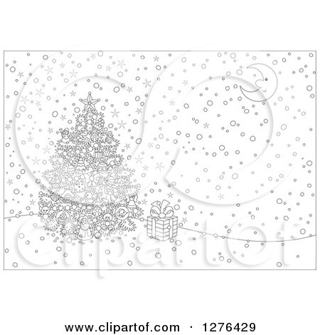 Clipart of a Black and White Christmas Tree and Gift Under a Crescent Moon on a Winter Night - Royalty Free Vector Illustration by Alex Bannykh