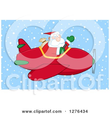 Clipart of a Waving Santa Claus Piloting a Red Christmas Plane in the Snow - Royalty Free Vector Illustration by Hit Toon