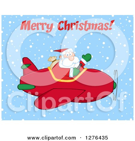 Clipart of a Merry Christmas Greeting over a Waving Santa Claus Piloting a Red Christmas Plane in the Snow - Royalty Free Vector Illustration by Hit Toon