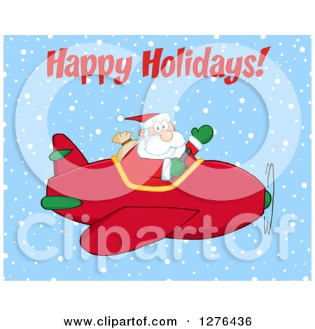 Clipart of a Happy Holidays Greeting over a Waving Santa Claus Piloting a Red Christmas Plane in the Snow - Royalty Free Vector Illustration by Hit Toon