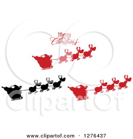 Clipart of a Merry Christmas Greeting over a Silhouetted Santas and Flying Reindeer - Royalty Free Vector Illustration by Hit Toon