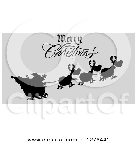 Clipart of a Merry Christmas Greeting over a Black Silhouetted Santa and Flying Reindeer on Gray - Royalty Free Vector Illustration by Hit Toon