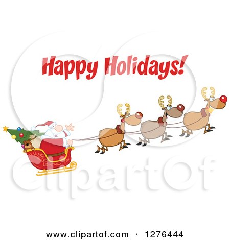 Clipart of a Happy Holidays Greeting over Santa and His Christmas Flying Reindeer - Royalty Free Vector Illustration by Hit Toon