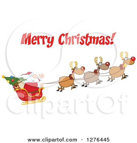 Clipart of a Merry Christmas Greeting over Santa and His Flying Reindeer - Royalty Free Vector Illustration by Hit Toon