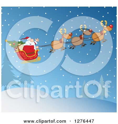 Clipart of a Team of Magic Reindeer Flying Santa in His Sleigh over a Winter Night Landscape - Royalty Free Vector Illustration by Hit Toon
