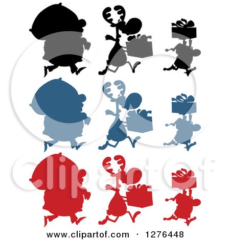 Clipart of Silhouetted Santas, Reindeer and Elves with Sacks and Christmas Gifts - Royalty Free Vector Illustration by Hit Toon