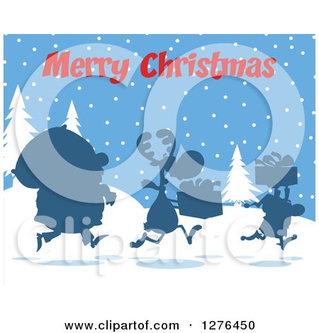 Clipart of a Merry Christmas Greeting over a Silhouetted Santa, Reindeer and Elf with a Sack and Gifts in the Snow - Royalty Free Vector Illustration by Hit Toon