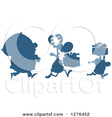 Clipart of a Blue Silhouetted Santa, Reindeer and Elf with a Christmas Sack and Gifts - Royalty Free Vector Illustration by Hit Toon