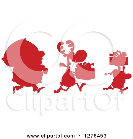 Clipart of a Red Silhouetted Santa, Reindeer and Elf with a Christmas Sack and Gifts - Royalty Free Vector Illustration by Hit Toon