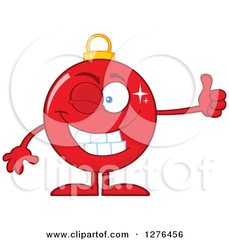 Clipart of a Happy Red Christmas Bauble Ornament Character Winking and Giving a Thumb up - Royalty Free Vector Illustration by Hit Toon
