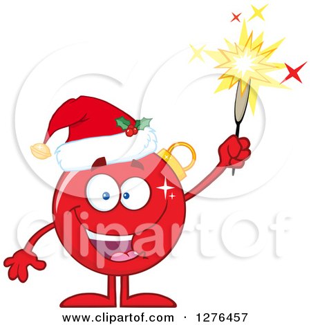 Clipart of a Happy Red Christmas Bauble Ornament Character Wearing a Santa Hat and Holding up a Firework - Royalty Free Vector Illustration by Hit Toon