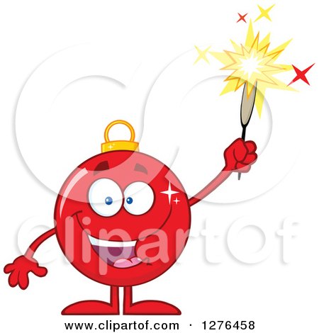 Clipart of a Happy Red Christmas Bauble Ornament Character Holding up a Firework - Royalty Free Vector Illustration by Hit Toon