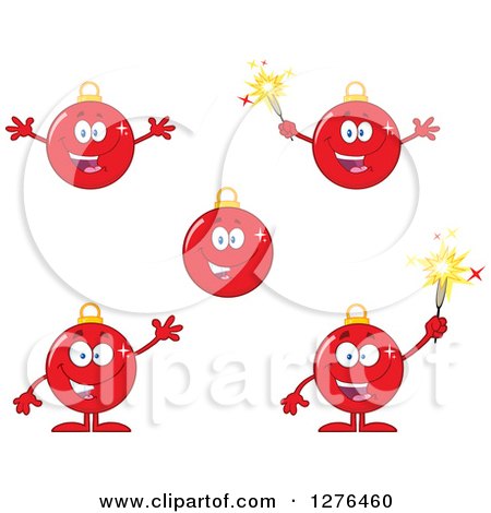 Clipart Of Red Christmas Bauble Ornament Characters 2 - Royalty Free Vector Illustration by Hit Toon