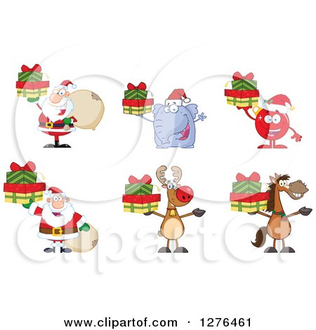 Clipart of Christmas Santas, Elephant, Bauble, Reindeer and Horse Holding Gifts - Royalty Free Vector Illustration by Hit Toon