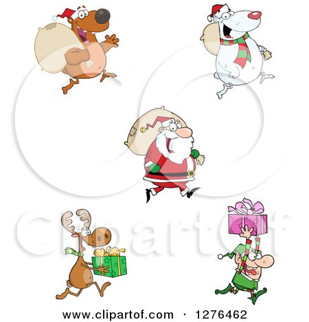 Clipart of a Christmas Santa Claus, Bears, Reindeer and Elf with Sacks and Gifts - Royalty Free Vector Illustration by Hit Toon