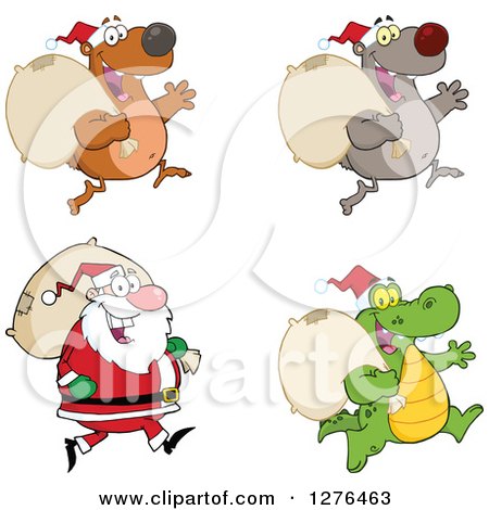 Clipart of a Christmas Santa Claus, Bears, and Alligator with Sacks - Royalty Free Vector Illustration by Hit Toon