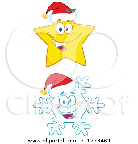Clipart of a Happy Christmas Snowflake and Star Wearing Santa Hats - Royalty Free Vector Illustration by Hit Toon