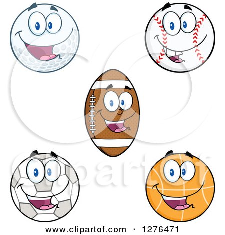 Clipart of a Happy Soccer Ball, Basketball, American Football, Baseball and Golf Ball - Royalty Free Vector Illustration by Hit Toon