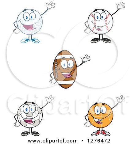 Clipart of a Waving Soccer Ball, Basketball, American Football, Baseball and Golf Ball - Royalty Free Vector Illustration by Hit Toon