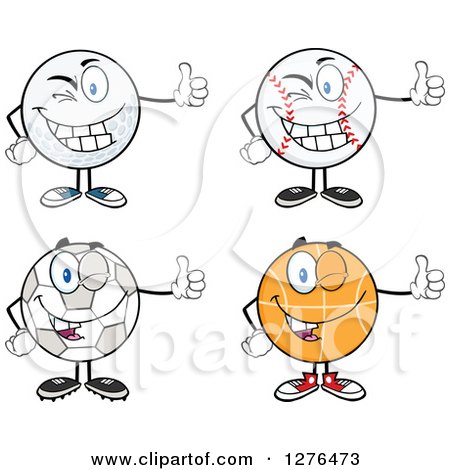 Clipart of a Winking Soccer Ball, Basketball, Baseball and Golf Ball Giving Thumbs up - Royalty Free Vector Illustration by Hit Toon