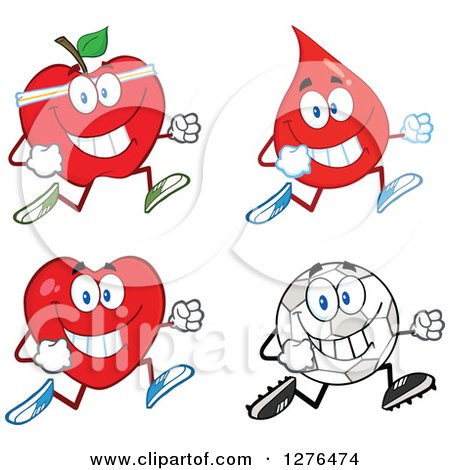 Clipart of a Happy Apple, Blood Drop, Heart and Soccer Ball Running - Royalty Free Vector Illustration by Hit Toon