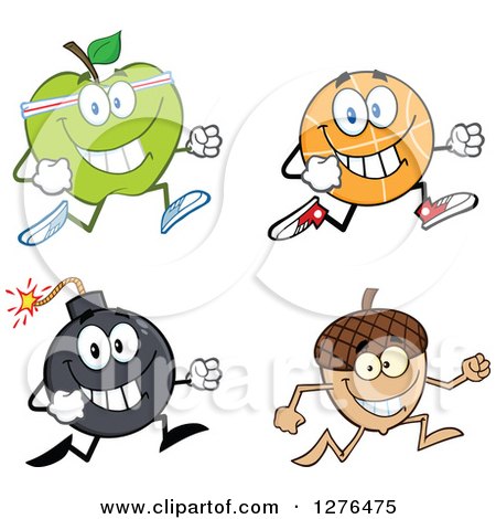 Clipart of a Happy Green Apple, Basketball, Bomb and Acorn Running - Royalty Free Vector Illustration by Hit Toon