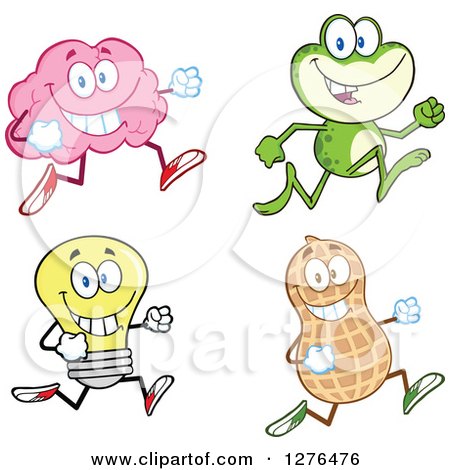 Clipart of a Happy Brain, Frog, Light Bulb and Peanut Running - Royalty Free Vector Illustration by Hit Toon