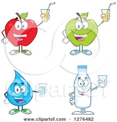 Clipart of a Happy Red and Green Apples, Water Drop and Milk Jar Holding up Cups - Royalty Free Vector Illustration by Hit Toon