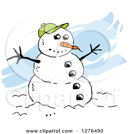 Clipart of a Winter Snowman with a Carrot Nose, Coal Buttons and Green Baseball Hat, over Blue Streaks - Royalty Free Vector Illustration by Johnny Sajem