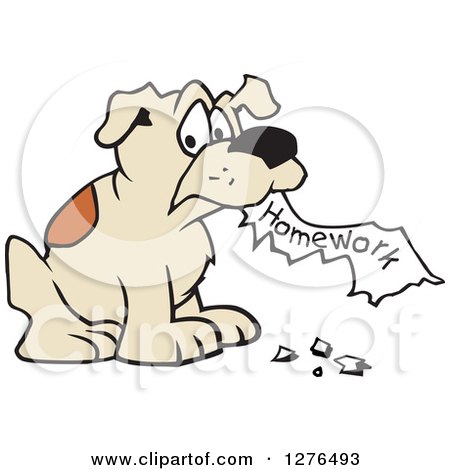 Clipart of a Naughty Dog Eating Homework - Royalty Free Vector Illustration by Johnny Sajem