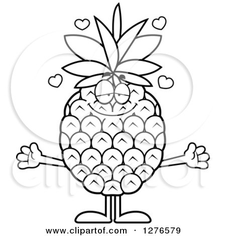 Clipart of a Black and White Sweet Pineapple Character with Open Arms - Royalty Free Vector Illustration by Cory Thoman