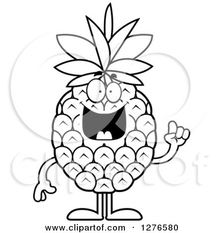 Clipart of a Black and White Happy Pineapple Character with an Idea - Royalty Free Vector Illustration by Cory Thoman