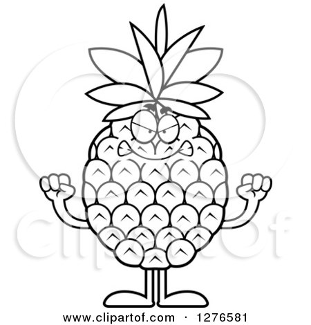 Clipart of a Black and White Mad Pineapple Character Holding up Fists - Royalty Free Vector Illustration by Cory Thoman