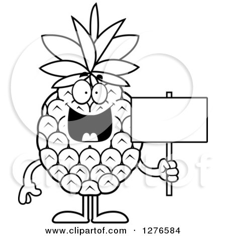 Clipart of a Black and White Happy Pineapple Character Holding a Blank Sign - Royalty Free Vector Illustration by Cory Thoman