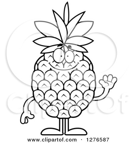 Clipart of a Black and White Friendly Waving Pineapple Character - Royalty Free Vector Illustration by Cory Thoman