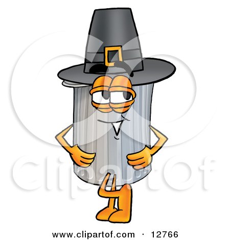 Clipart Picture of a Garbage Can Mascot Cartoon Character Wearing a Pilgrim Hat on Thanksgiving by Mascot Junction
