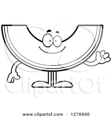 Clipart of a Black and White Friendly Waving Cantaloupe or Honeydew Melon Character - Royalty Free Vector Illustration by Cory Thoman