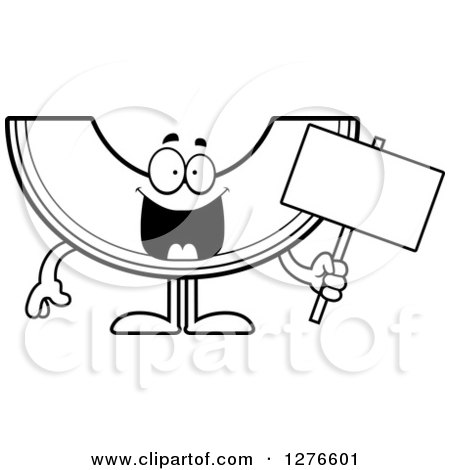 Clipart of a Black and White Happy Cantaloupe or Honeydew Melon Character Holding a Blank Sign - Royalty Free Vector Illustration by Cory Thoman