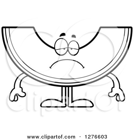 Clipart of a Black and White Depressed Cantaloupe or Honeydew Melon Character - Royalty Free Vector Illustration by Cory Thoman