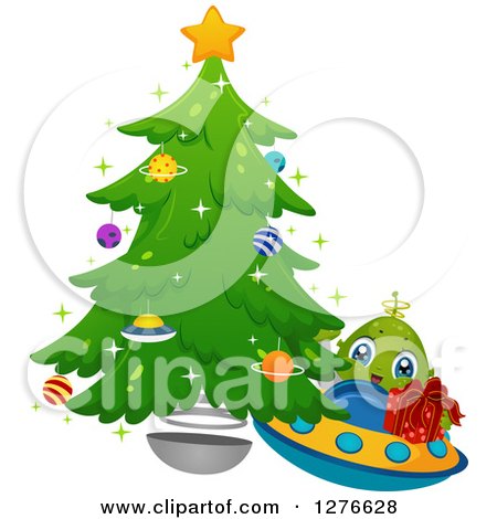Clipart of a Happy Cute Alien Boy Flying a UFO with a Gift by a Christmas Tree - Royalty Free Vector Illustration by BNP Design Studio