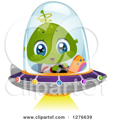 Clipart of a Happy Cute Alien Boy Flying a UFO with a Shining Light - Royalty Free Vector Illustration by BNP Design Studio