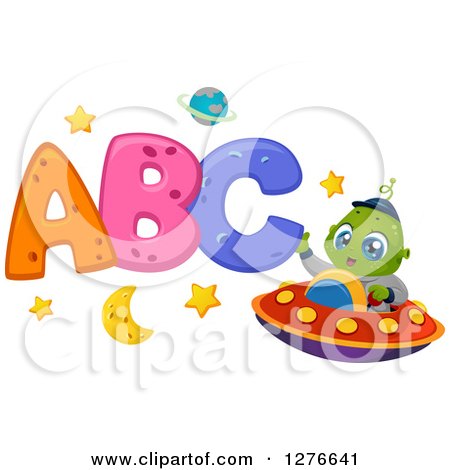 Clipart of a Happy Cute Alien Boy Waving and Flying a UFO by Abc - Royalty Free Vector Illustration by BNP Design Studio