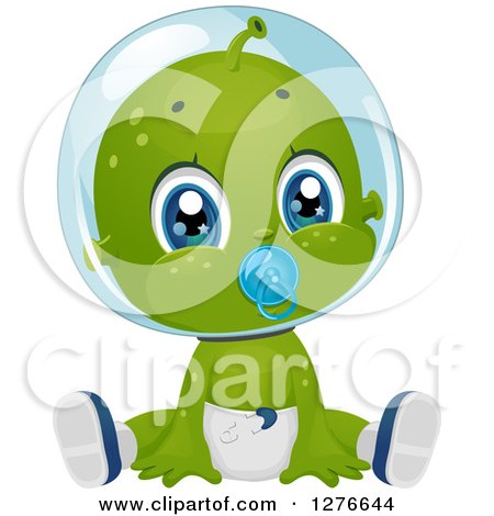 Clipart of a Cute Baby Boy Alien Sucking on a Pacifier and Sitting in a Diaper - Royalty Free Vector Illustration by BNP Design Studio