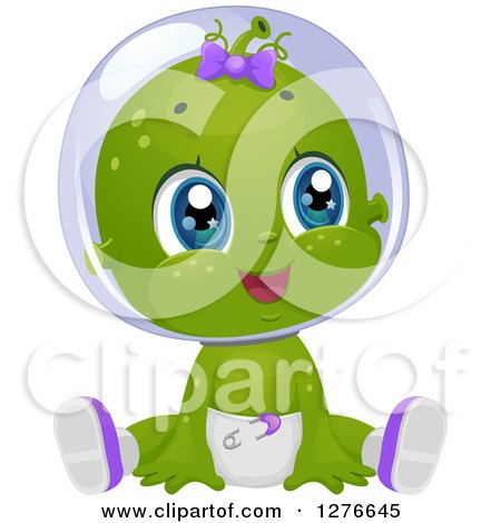 Clipart of a Cute Baby Girl Alien Sitting in a Diaper - Royalty Free Vector Illustration by BNP Design Studio