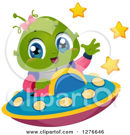 Clipart of a Happy Cute Alien Girl Waving and Flying a UFO - Royalty Free Vector Illustration by BNP Design Studio