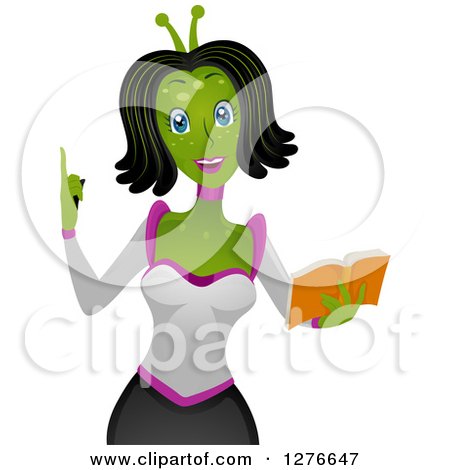 Clipart of a Friendly Female Alien Teacher Holding a Book - Royalty Free Vector Illustration by BNP Design Studio