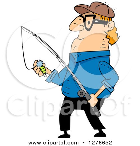 Clipart of a Red Haired White Cartoon Man Preparing Bait on a Fishing Pole - Royalty Free Vector Illustration by BNP Design Studio