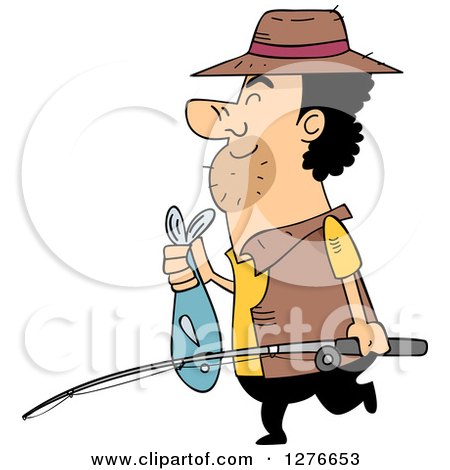 Clipart of a Happy Cartoon Fisherman Carring a Pole and Fish - Royalty Free Vector Illustration by BNP Design Studio