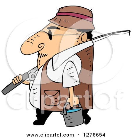 Clipart of a Cartoon Short White Man Walking in Profile with Fishing Gear - Royalty Free Vector Illustration by BNP Design Studio